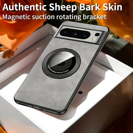 Smartphone case with a circular magnetic rotating bracket and textured ’sheep bark skin’ surface.