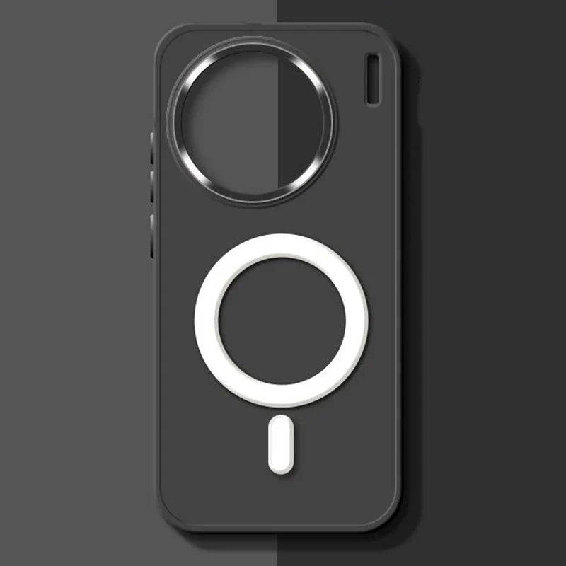 Smartphone case with a circular magnetic attachment for wireless charging.