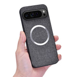 Smartphone case with a circular magnetic charging area and multiple camera lenses.