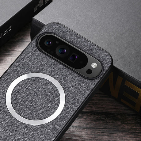 Smartphone case with a circular magnetic charging area and triple camera setup.