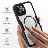 Smartphone case with a circular magnetic attachment and multiple camera cutouts.