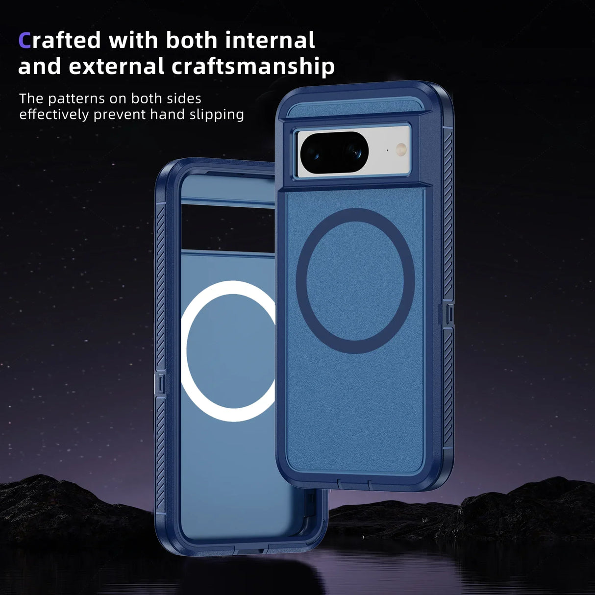 Smartphone case with a circular pattern design and anti-slip features.