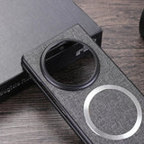 Smartphone case with a circular window and textured fabric covering.