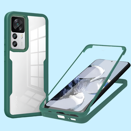 Smartphone case with a clear back panel and green protective frame, including a separate screen protector piece.