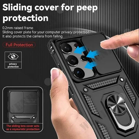 Smartphone case with a sliding cover to protect the camera lenses.