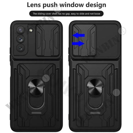 Smartphone case with a sliding cover to protect the camera lenses.