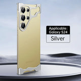 Smartphone case with a distinctive camera cutout, labeled for Galaxy S24 in silver color.