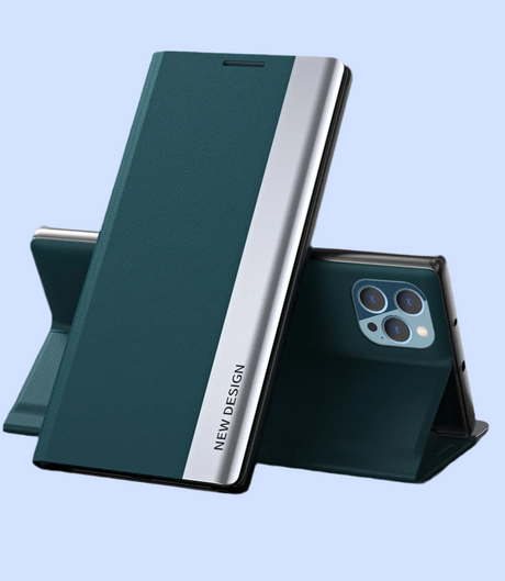 Smartphone case with a flip cover in dark green and silver colors.