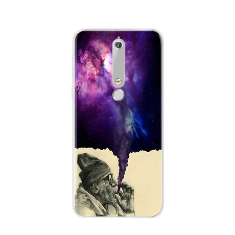 Smartphone case with galaxy and smoking man design.