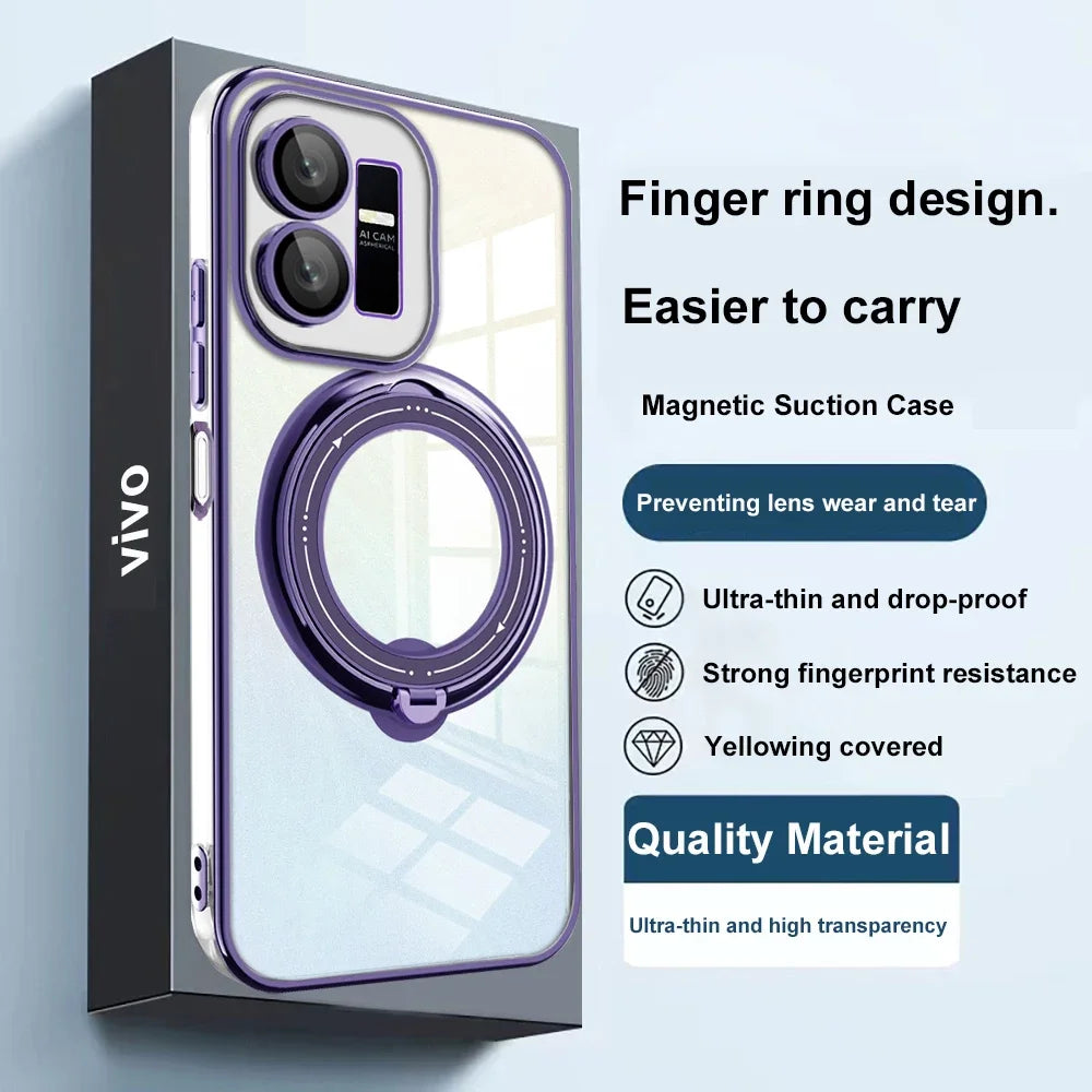 Smartphone case with an integrated finger ring and magnetic suction feature.