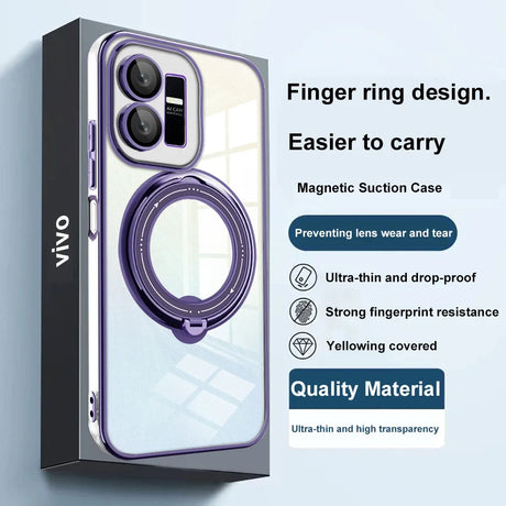 Smartphone case with an integrated finger ring and magnetic suction feature.