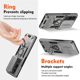 Smartphone case with integrated ring holder and adjustable kickstand.