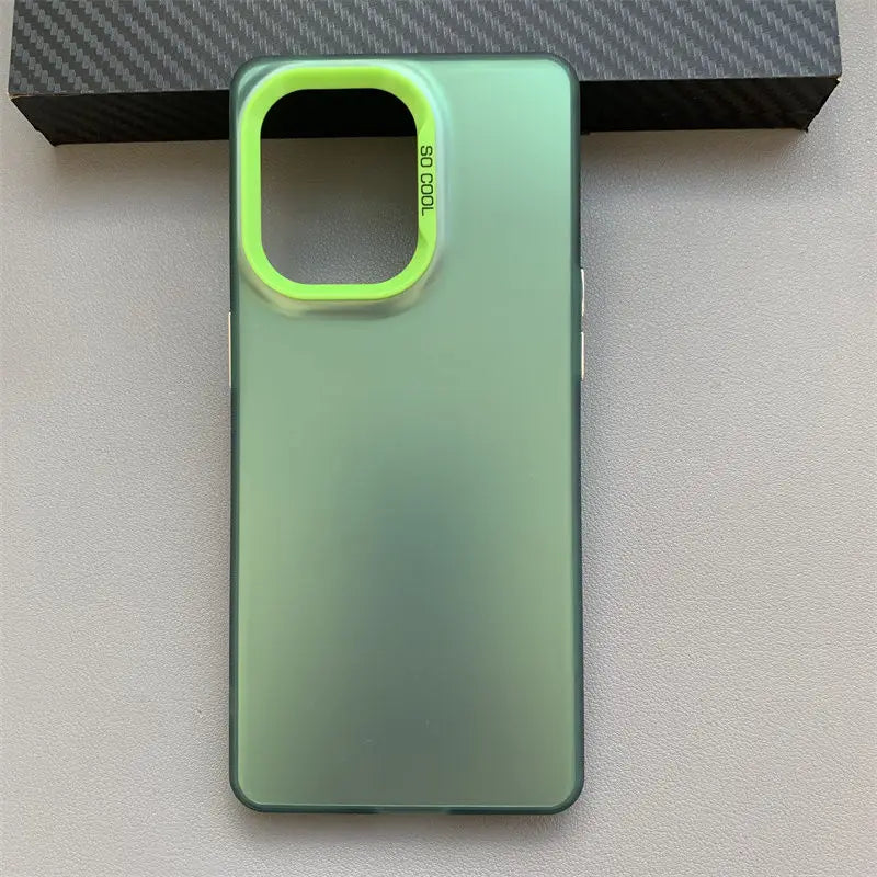 Smartphone case with a light green body and neon green camera cutout.