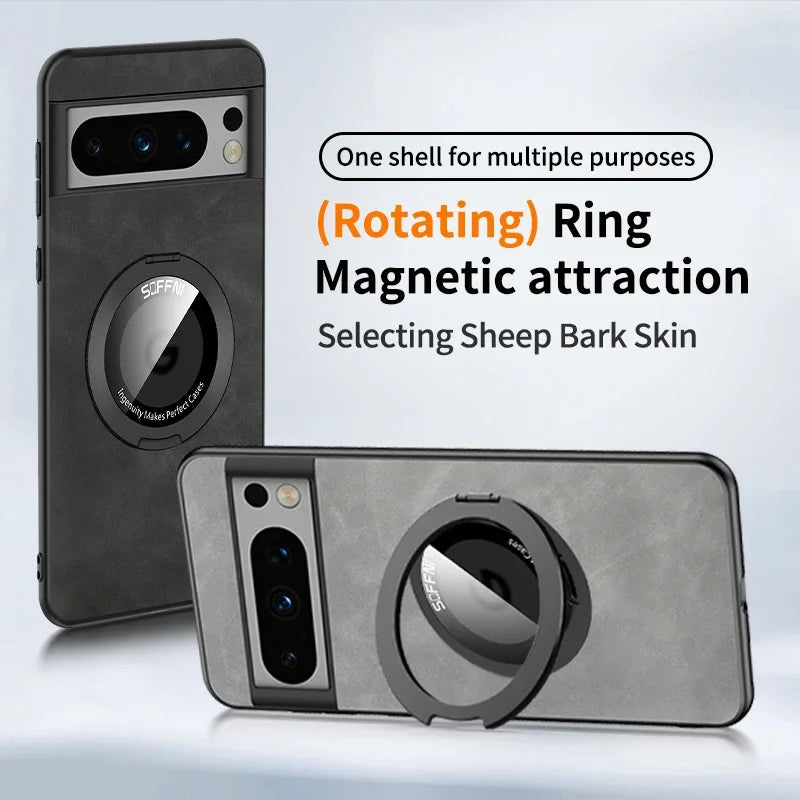 Smartphone case with a rotating magnetic ring attachment on the back.