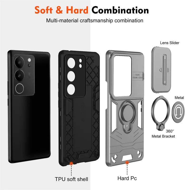 Smartphone case with multiple protective layers and components shown in an exploded view.