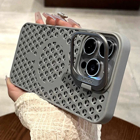 Smartphone case with a perforated design and prominent camera cutout.