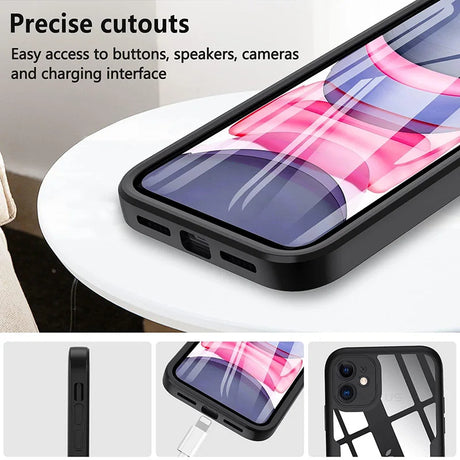 Smartphone case with precise cutouts for buttons, speakers, cameras, and charging port.