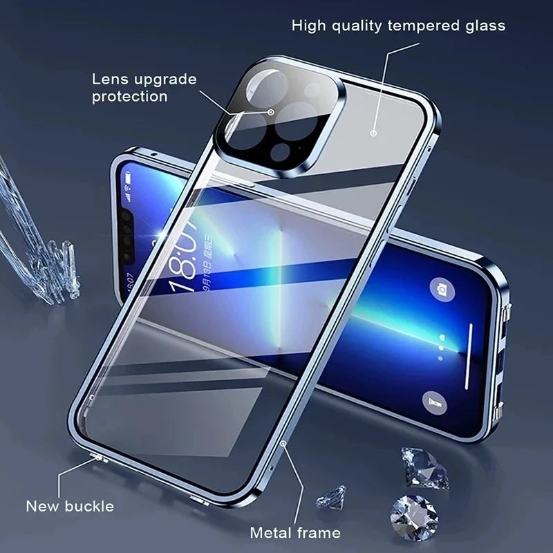 Smartphone case with protective features including a metal frame, tempered glass, and lens protection.