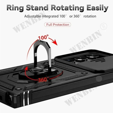 Smartphone case with a rotating ring stand offering 100° and 360° adjustable rotation.