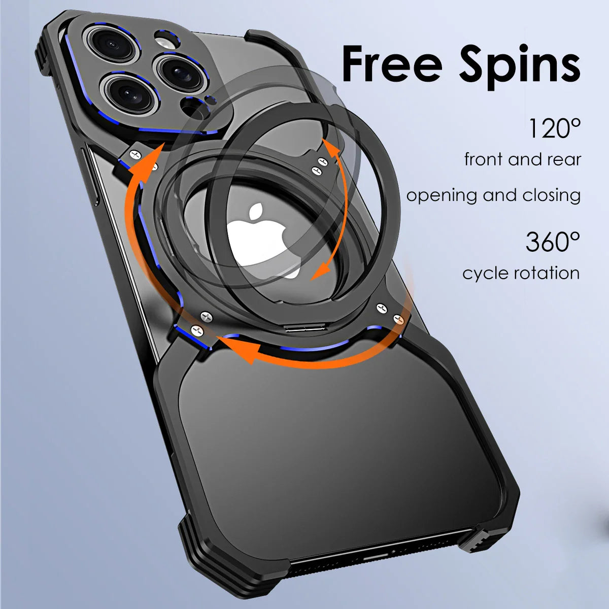 Smartphone case with a rotating ring stand and multiple camera cutouts.