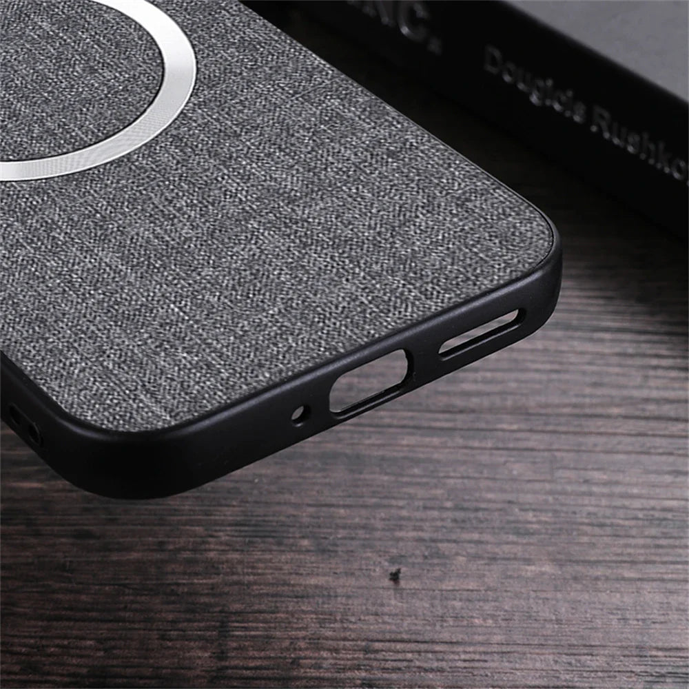 Smartphone case with a textured gray fabric surface and black edges.