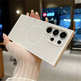 Smartphone case with a textured honeycomb pattern and multiple camera cutouts.
