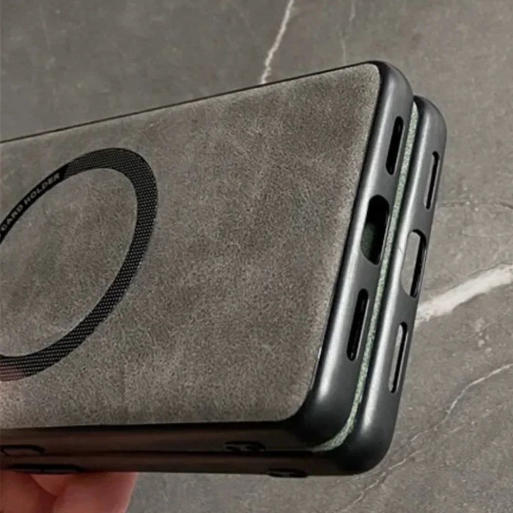 Smartphone case with a textured suede-like surface and visible ports.