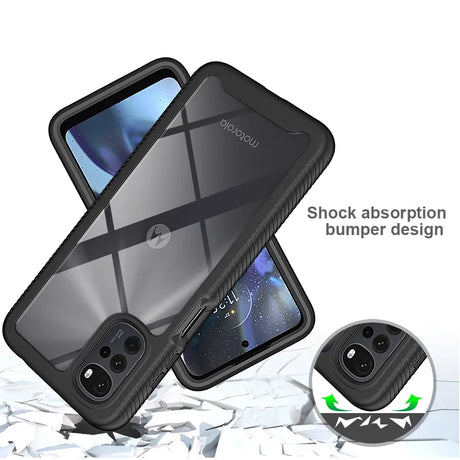 Smartphone case with a transparent back and shock-absorbing bumper design.