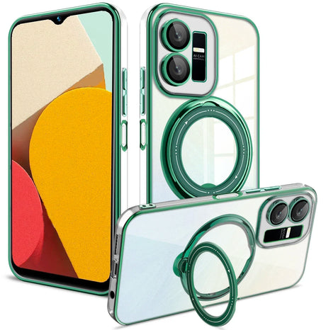 Smartphone case with a transparent design and green accents, featuring a built-in ring holder and camera protection.