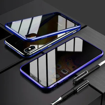 Smartphone cases with blue metallic frames and glass backs.