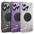 Smartphone cases with circuit board designs and camera lens cutouts in gray, purple, and white colors.