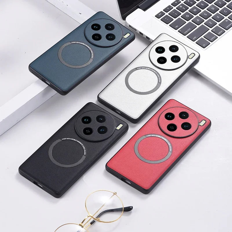 Smartphone cases with circular camera cutouts and magnetic ring attachments in various colors.