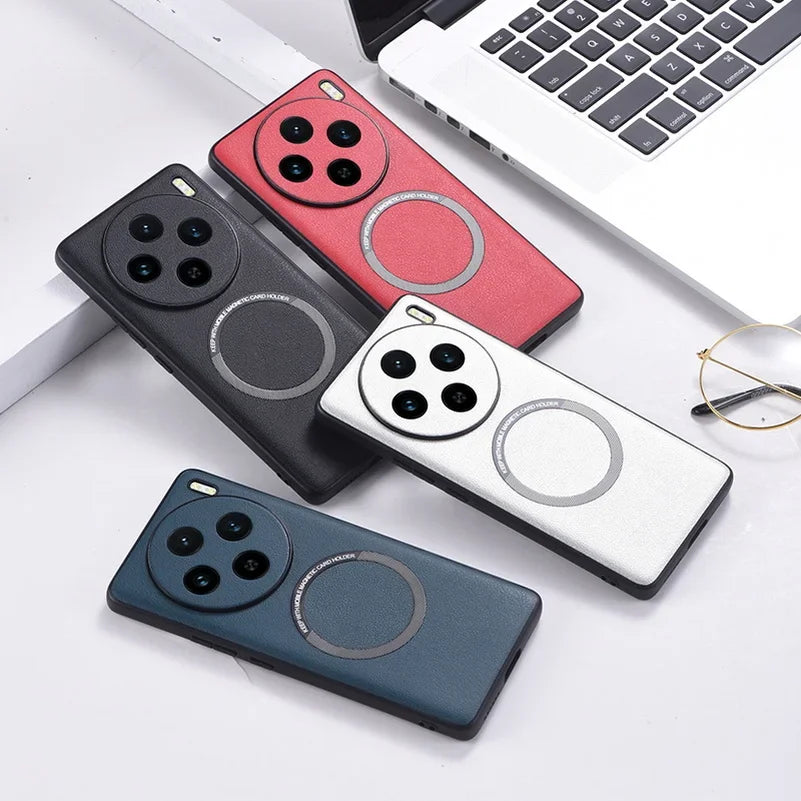 Smartphone cases with circular camera lens cutouts and magnetic ring designs in various colors.