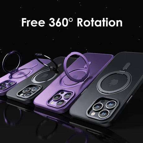 Smartphone cases with rotating ring holders in purple and black colors.