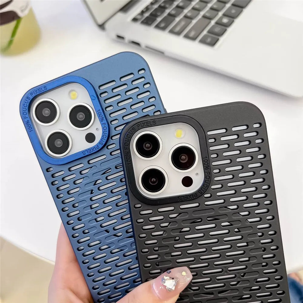 Smartphone cases with ventilation holes and camera cutouts, one blue and one black.