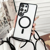 Smartphone in a clear case with a black MagSafe ring and lanyard.