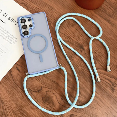 Smartphone in a clear case with a blue cord.