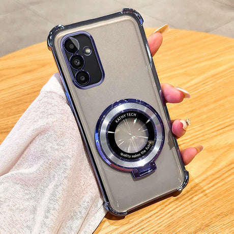 Smartphone with a clear case featuring a prominent circular camera lens design on the back.