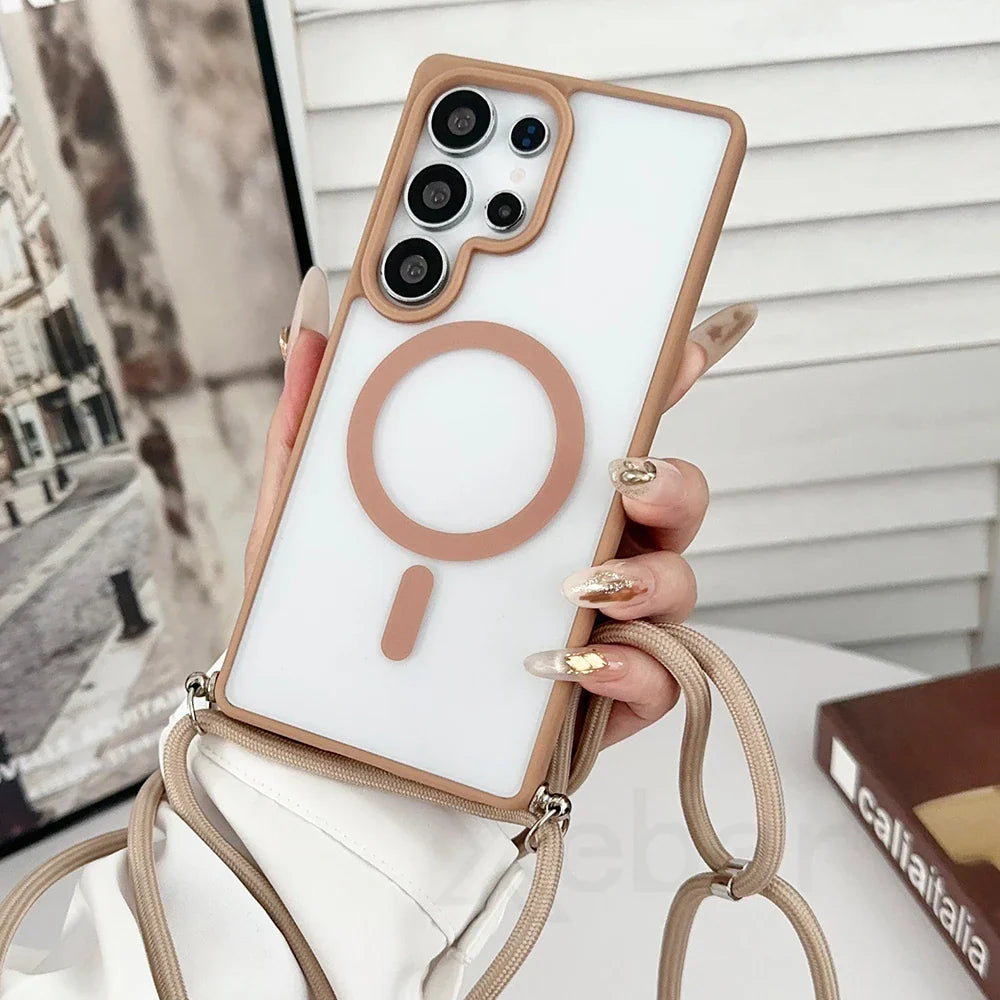 Smartphone in a clear case with a tan frame and MagSafe-style ring.