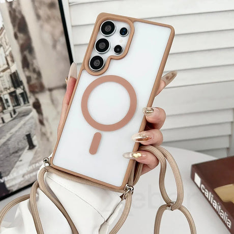 Smartphone in a clear case with a tan frame and MagSafe-style ring.