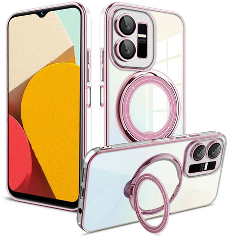 Smartphone with a clear protective case featuring a built-in ring holder and prominent camera module.