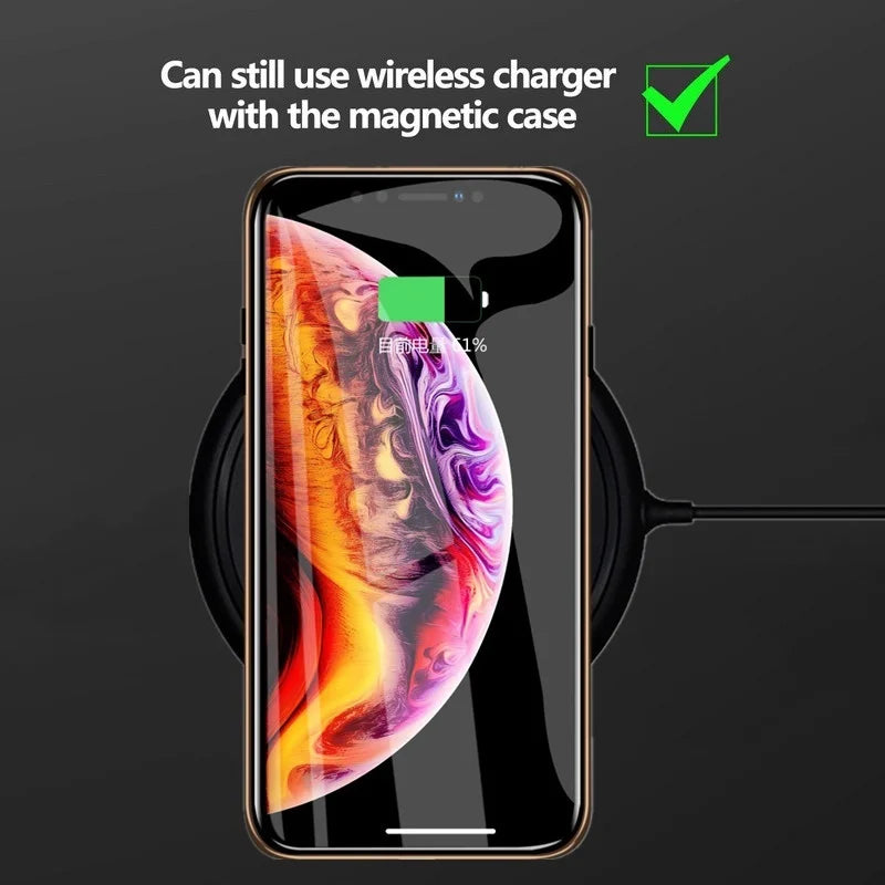 Smartphone displaying a colorful abstract wallpaper on a wireless charging pad.