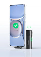 Smartphone connected to a wireless microphone.