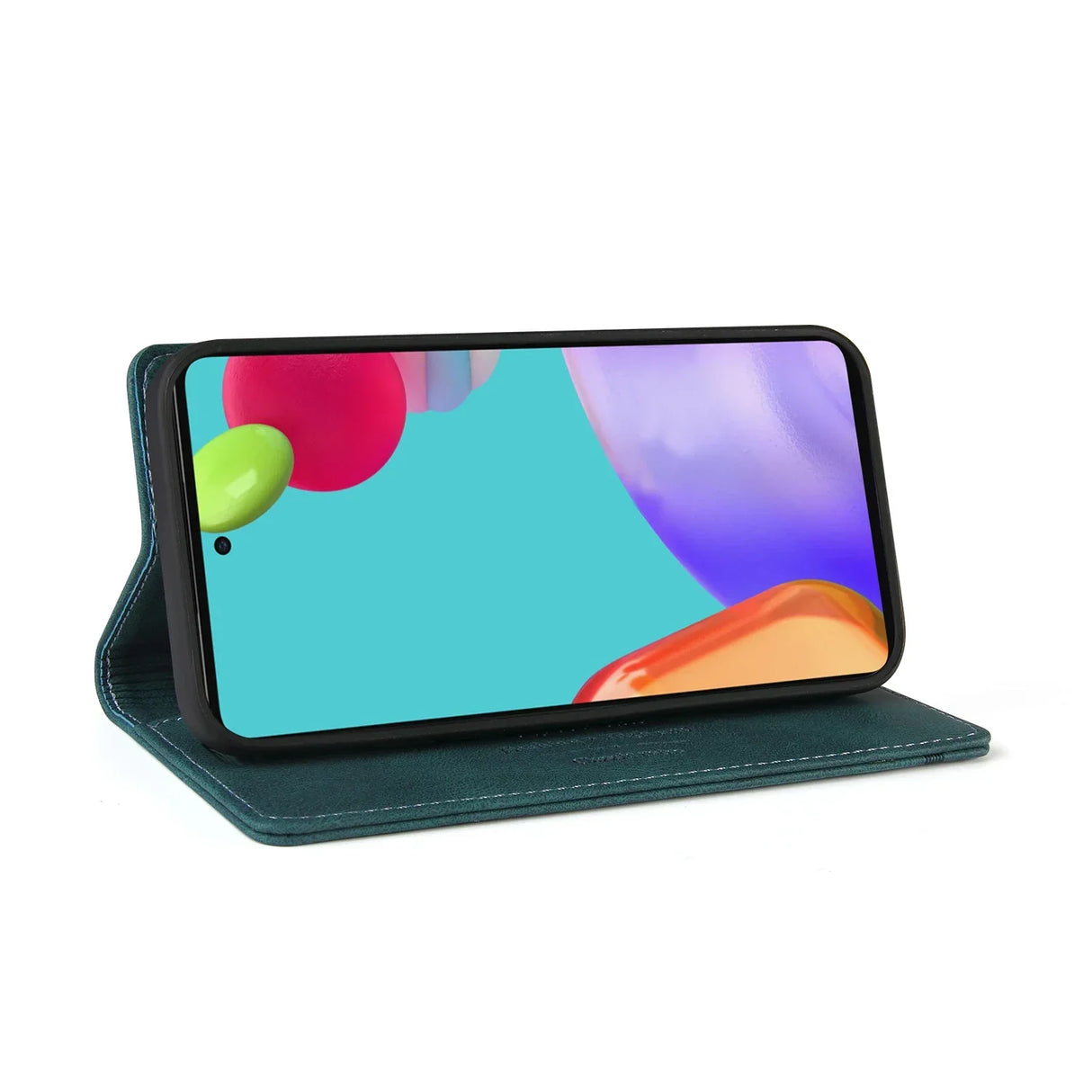 Smartphone in a dark green leather folio case, displaying a colorful abstract wallpaper on its screen.