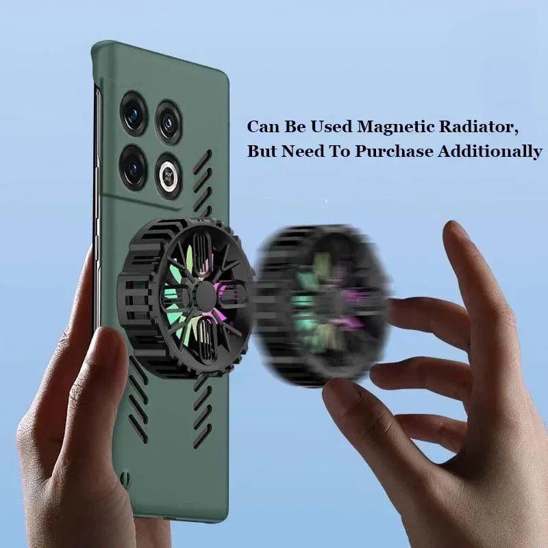 Smartphone with a detachable magnetic radiator accessory featuring a circular fan design.