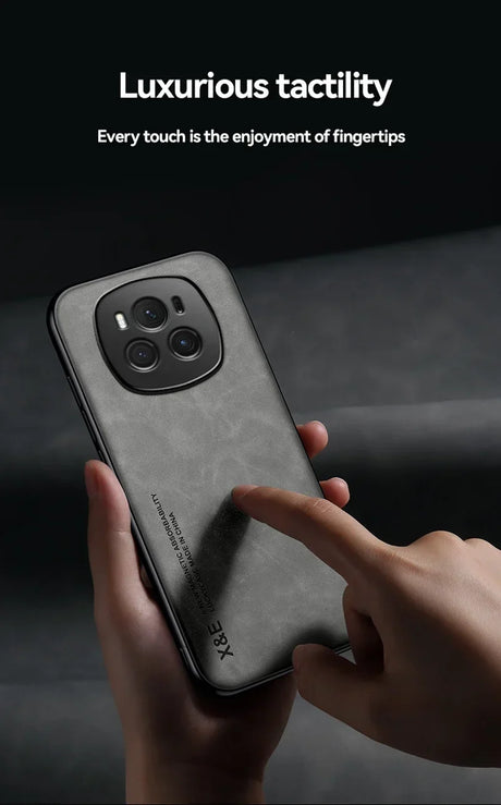 Smartphone with a distinctive camera module and textured case being held and touched.