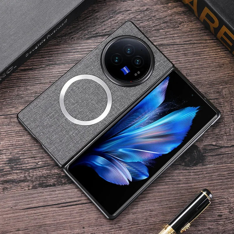 Smartphone with a distinctive circular camera module and a vibrant blue feather design on its display.