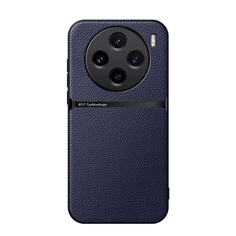 Smartphone with a distinctive circular quad-camera setup and textured navy blue leather-like back panel.