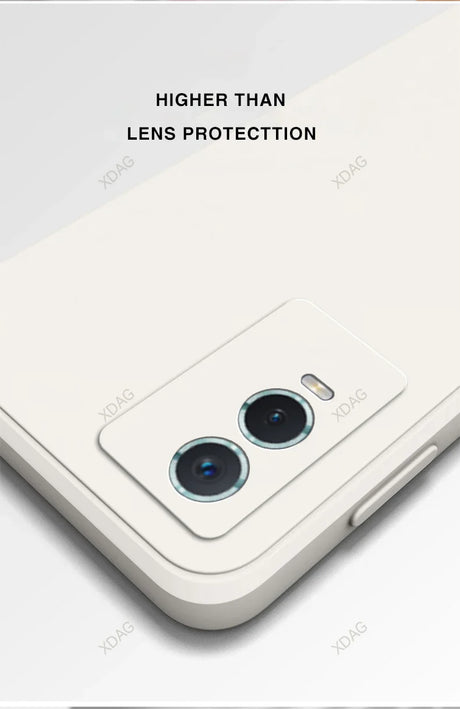 Smartphone with dual rear cameras and text highlighting a feature above lens protection.