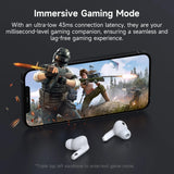 Smartphone displaying a first-person shooter game with wireless earbuds below it.